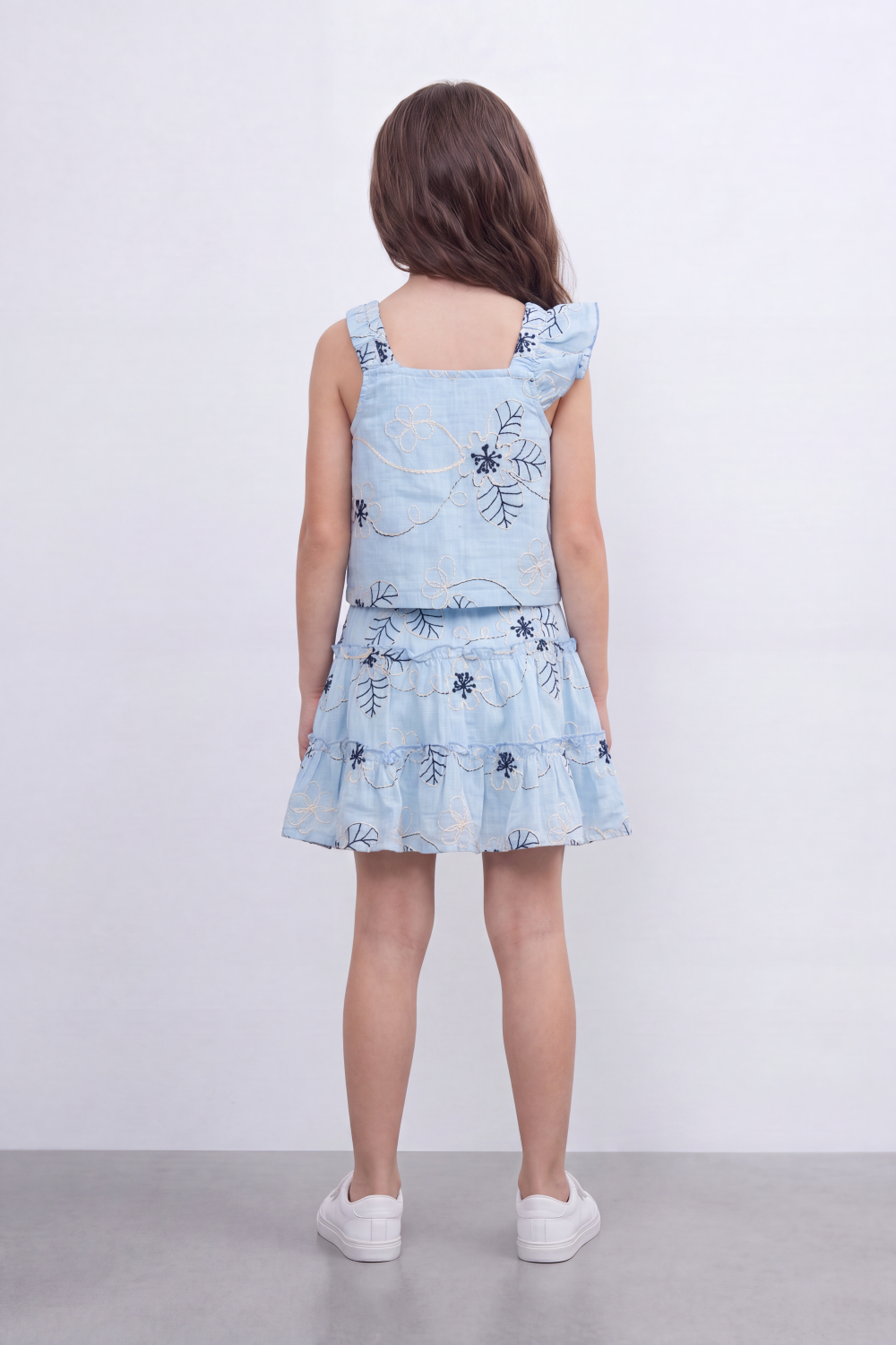 Girl's Tomato Store Meadow Stitch Slim Fit Outfit Set Raised Floral Embroidery Vine Line Artwork Over Textured Check Surface Ruffle Trim