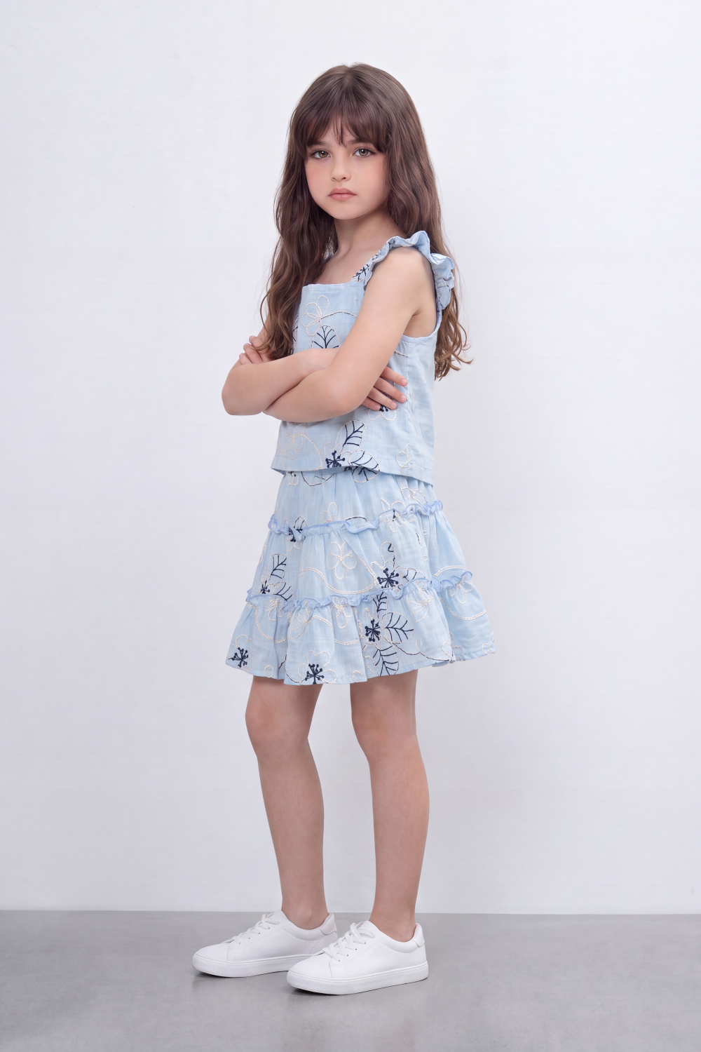 Girl's Tomato Store Meadow Stitch Slim Fit Outfit Set Raised Floral Embroidery Vine Line Artwork Over Textured Check Surface Ruffle Trim