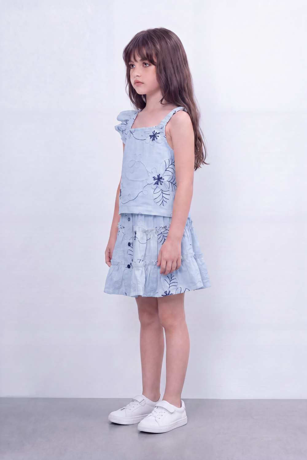 Girl's Tomato Store Meadow Stitch Slim Fit Outfit Set Raised Floral Embroidery Vine Line Artwork Over Textured Check Surface Ruffle Trim
