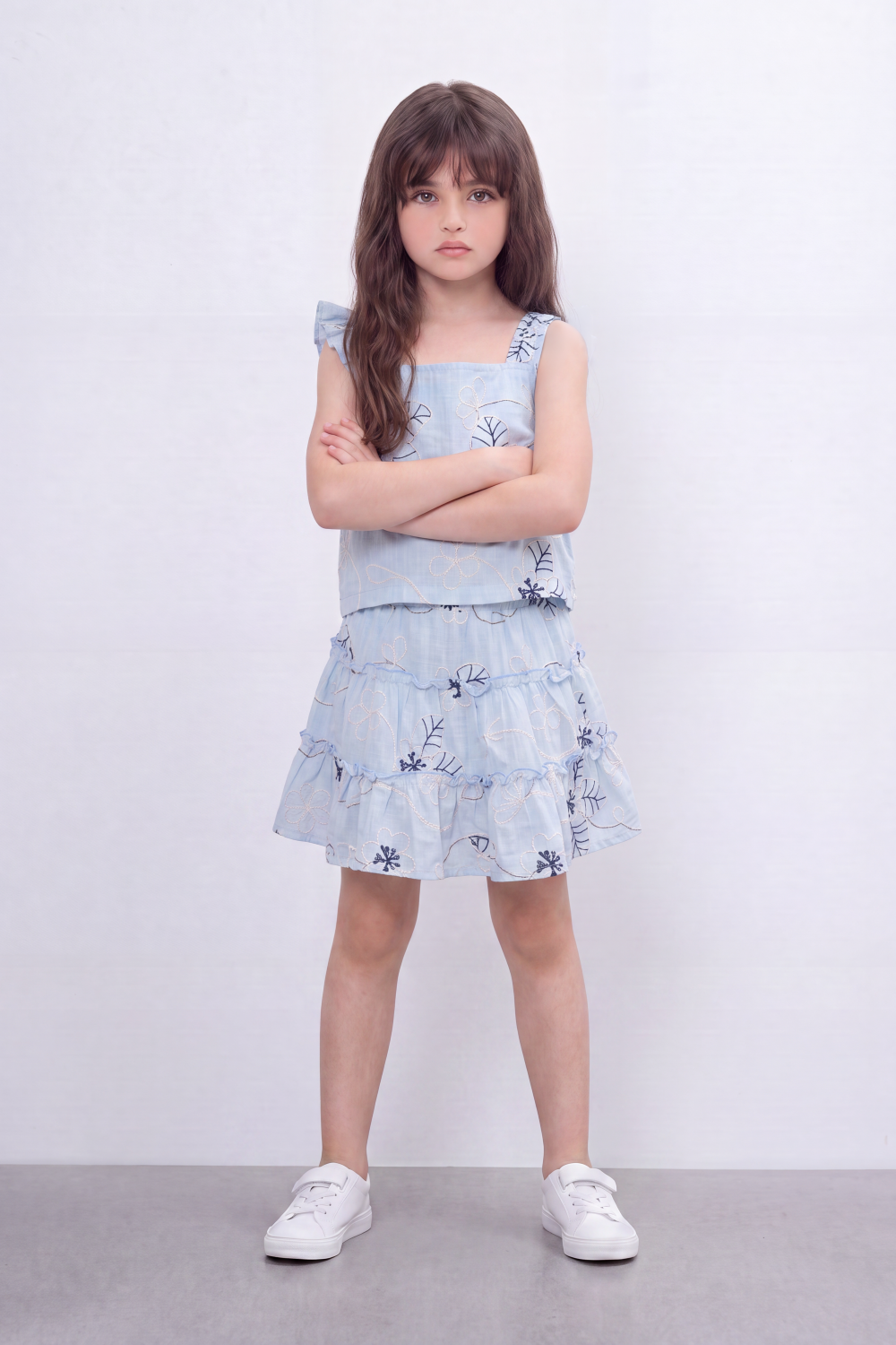 Girl's Tomato Store Meadow Stitch Slim Fit Outfit Set Raised Floral Embroidery Vine Line Artwork Over Textured Check Surface Ruffle Trim