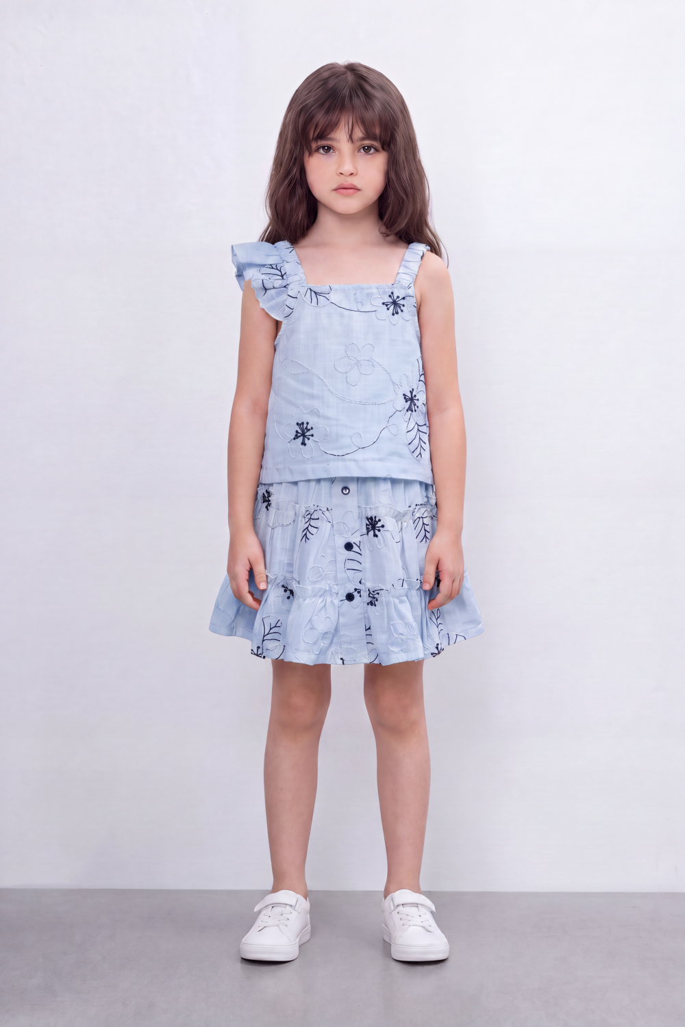 Girl's Tomato Store Meadow Stitch Slim Fit Outfit Set Raised Floral Embroidery Vine Line Artwork Over Textured Check Surface Ruffle Trim