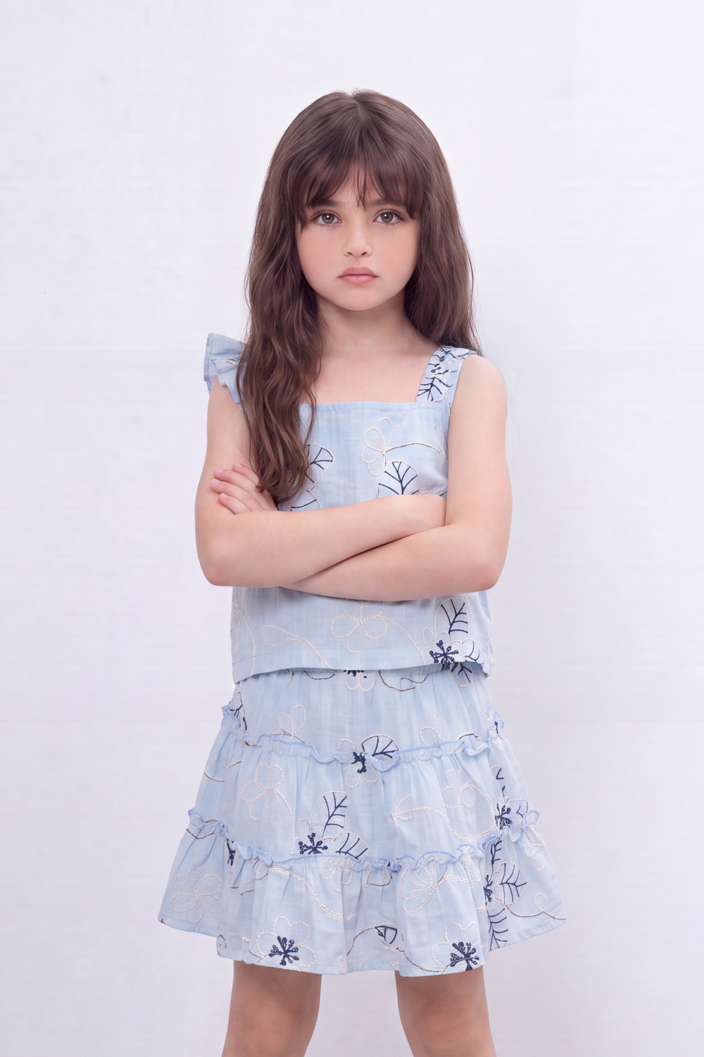 Girl's Tomato Store Meadow Stitch Slim Fit Outfit Set Raised Floral Embroidery Vine Line Artwork Over Textured Check Surface Ruffle Trim