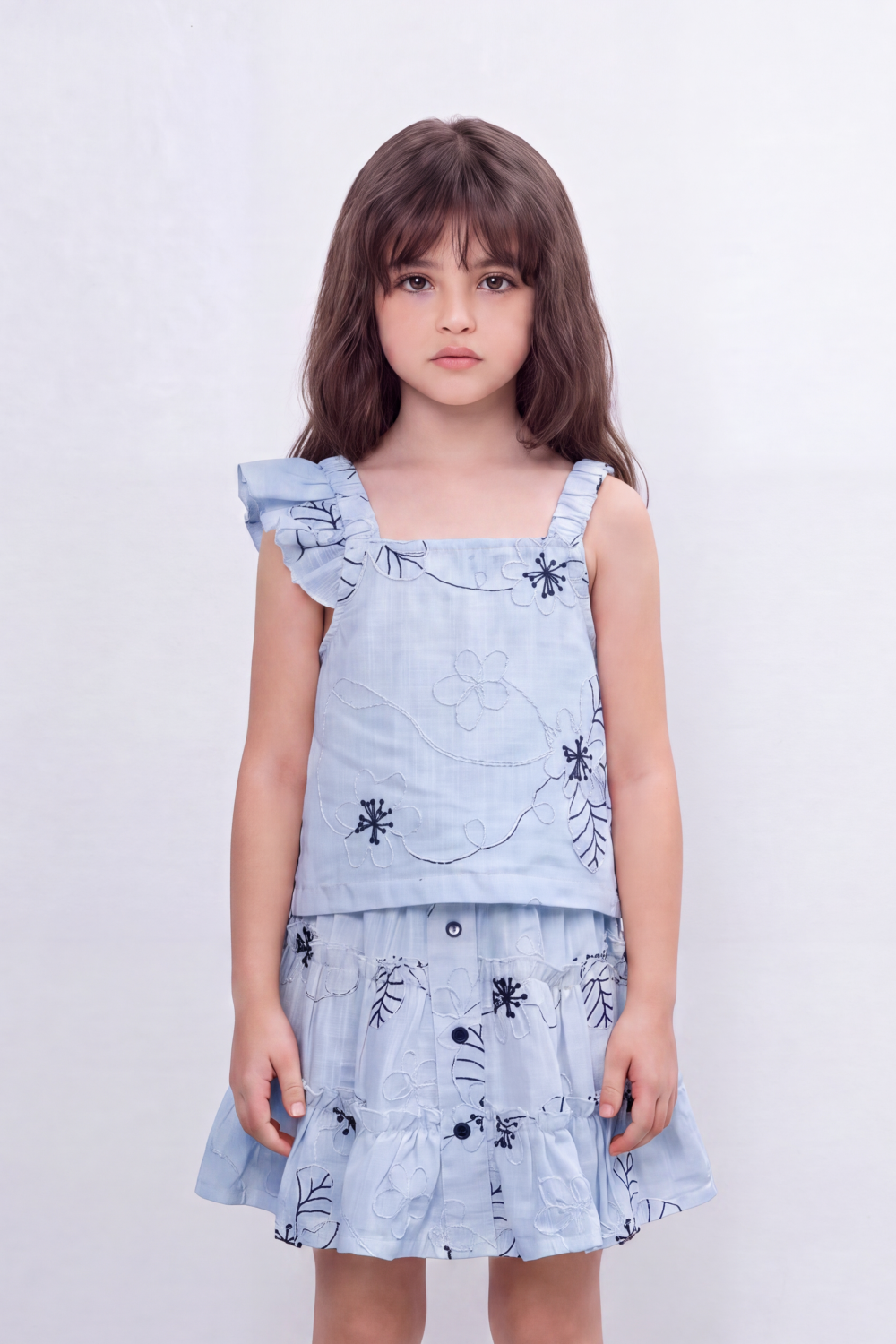 Girl's Tomato Store Meadow Stitch Slim Fit Outfit Set Raised Floral Embroidery Vine Line Artwork Over Textured Check Surface Ruffle Trim