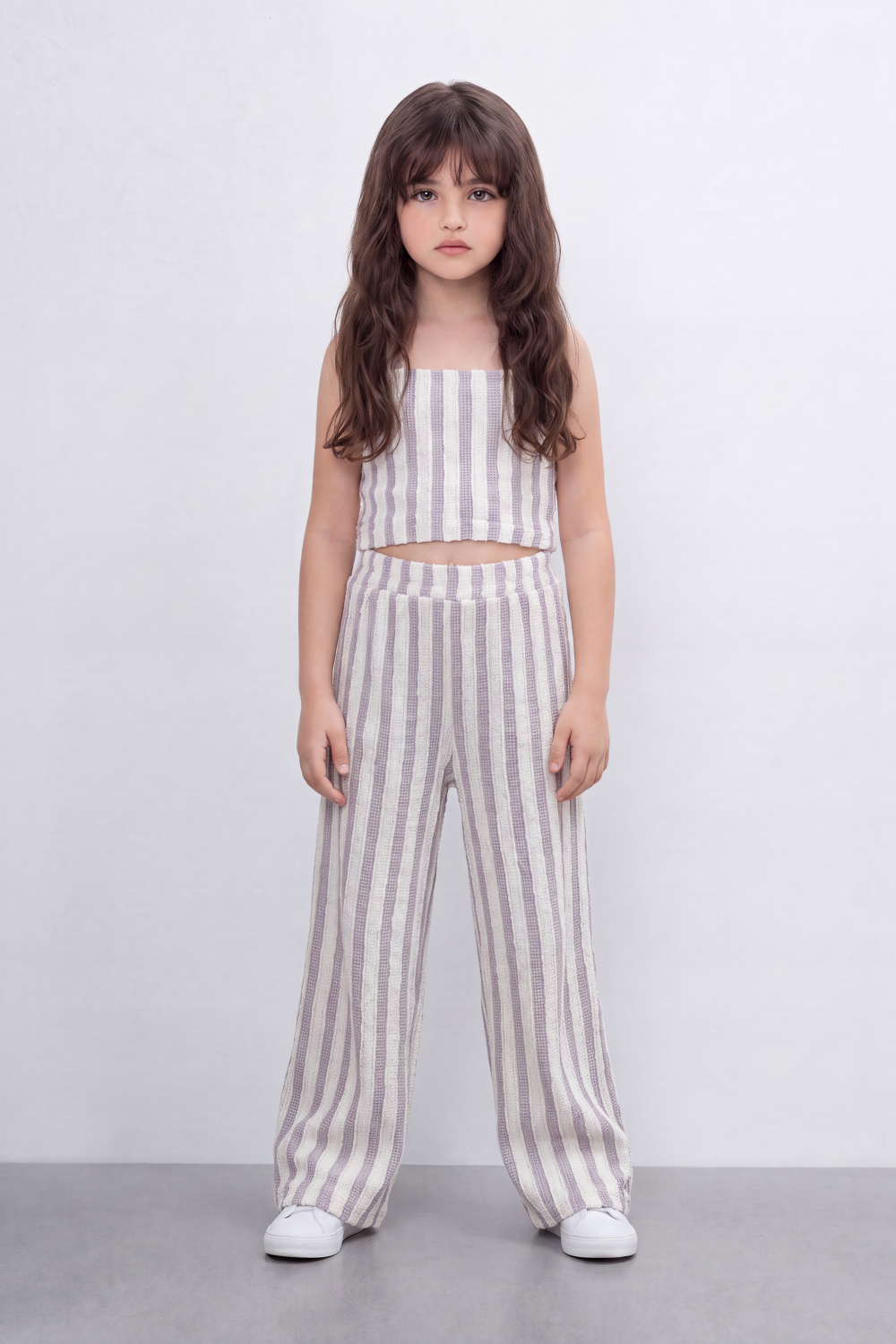 Girl's Tomato Store Linear Drift Reguler Co-Ord Set Vertical Stripe Print Over Raised Slub Texture Cropped Outfit