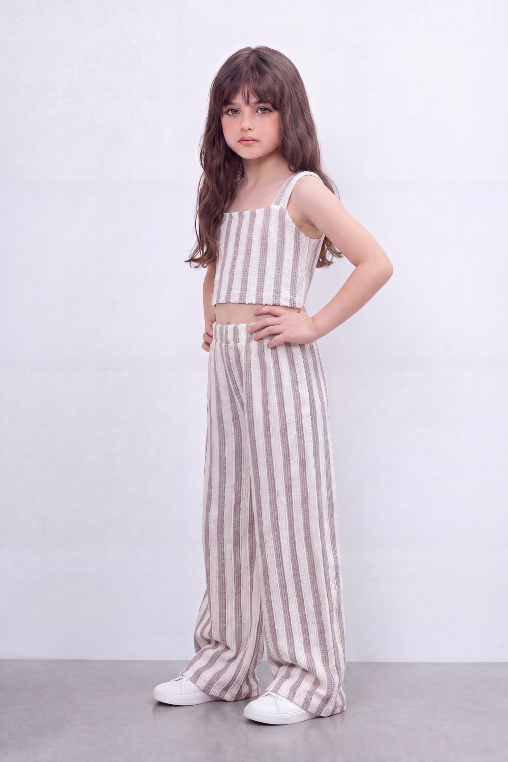 Girl's Tomato Store Linear Drift Reguler Co-Ord Set Vertical Stripe Print Over Raised Slub Texture Cropped Outfit