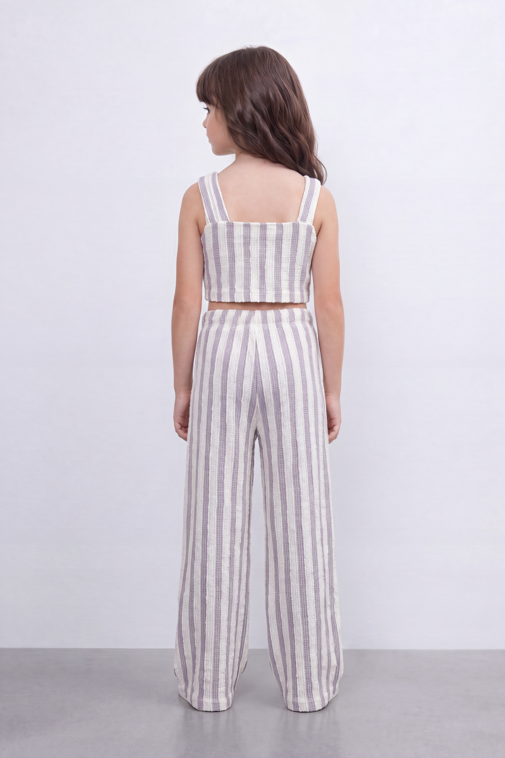 Girl's Tomato Store Linear Drift Reguler Co-Ord Set Vertical Stripe Print Over Raised Slub Texture Cropped Outfit
