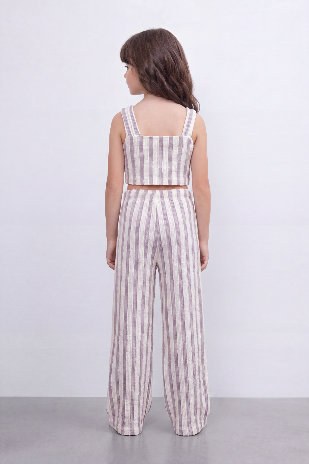 Girl's Tomato Store Linear Drift Reguler Co-Ord Set Vertical Stripe Print Over Raised Slub Texture Cropped Outfit