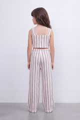 Girl's Tomato Store Linear Drift Reguler Co-Ord Set Vertical Stripe Print Over Raised Slub Texture Cropped Outfit