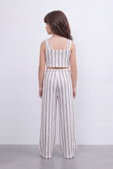 Girl's Tomato Store Linear Drift Reguler Co-Ord Set Vertical Stripe Print Over Raised Slub Texture Cropped Outfit
