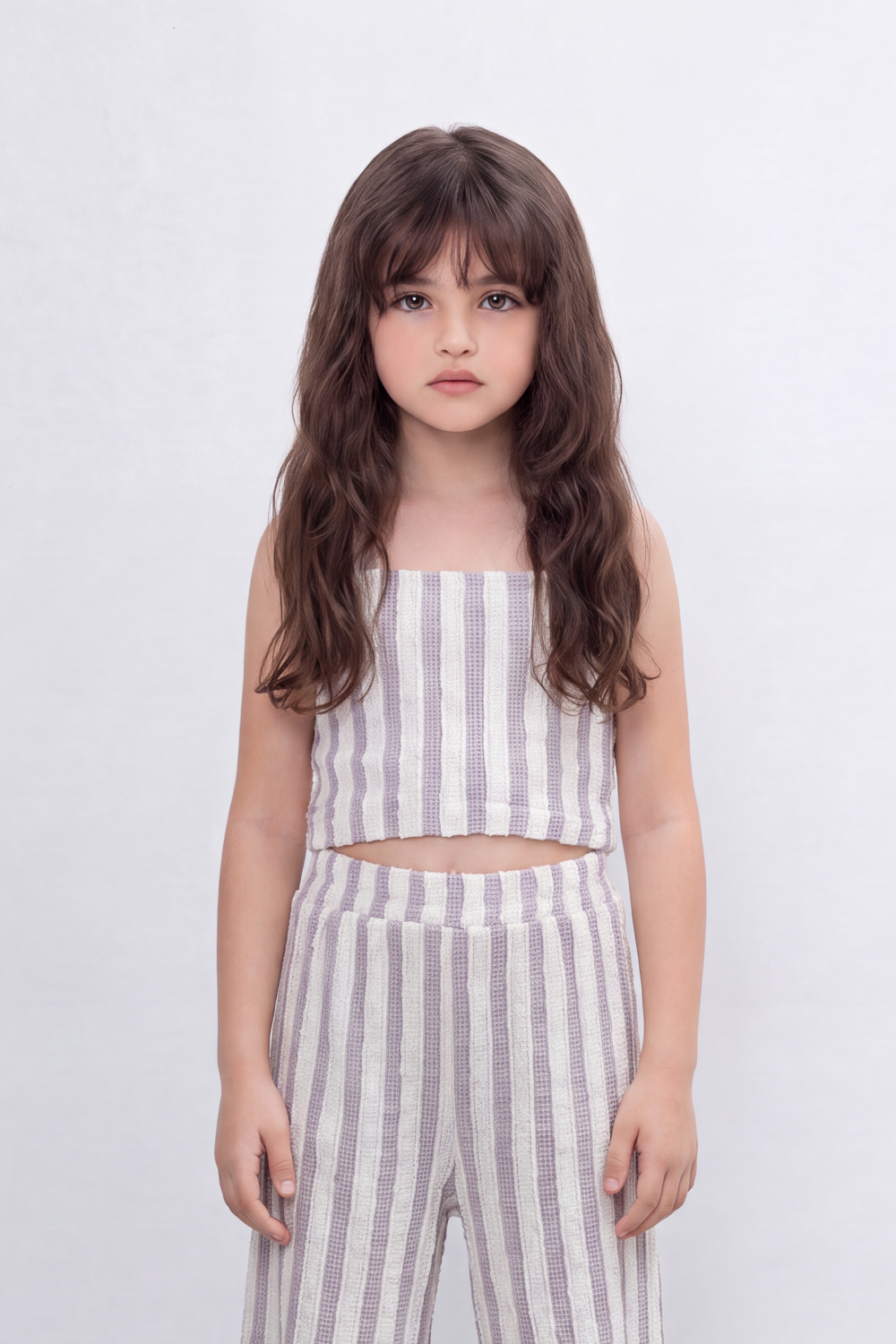 Girl's Tomato Store Linear Drift Reguler Co-Ord Set Vertical Stripe Print Over Raised Slub Texture Cropped Outfit