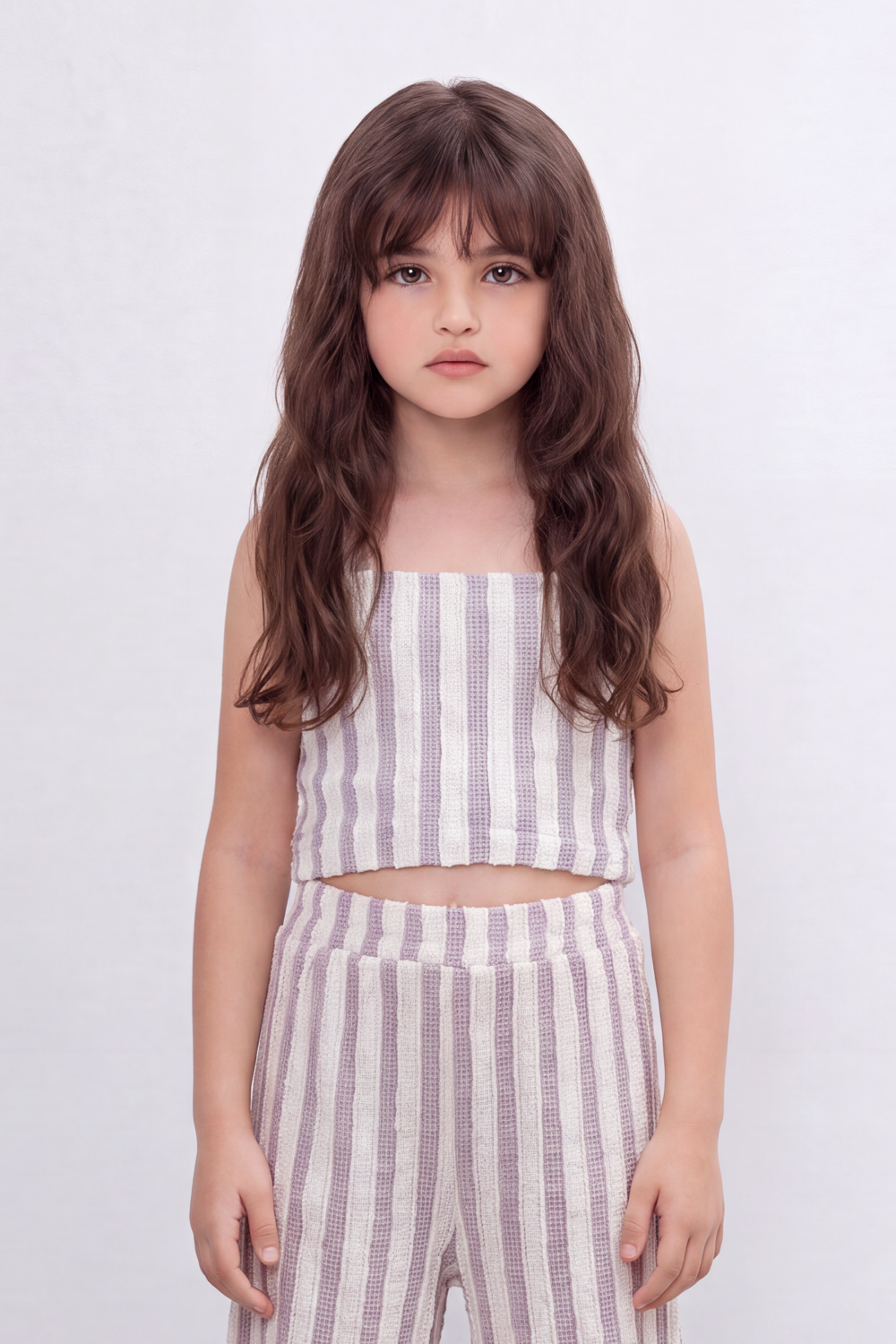 Girl's Tomato Store Linear Drift Reguler Co-Ord Set Vertical Stripe Print Over Raised Slub Texture Cropped Outfit