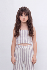 Girl's Tomato Store Linear Drift Reguler Co-Ord Set Vertical Stripe Print Over Raised Slub Texture Cropped Outfit