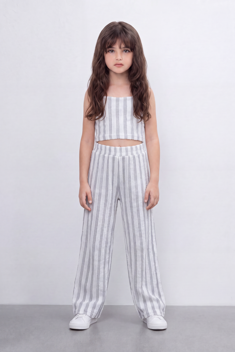 Girl's Tomato Store Linear Drift Reguler Co-Ord Set Vertical Stripe Print Over Raised Slub Texture Cropped Outfit