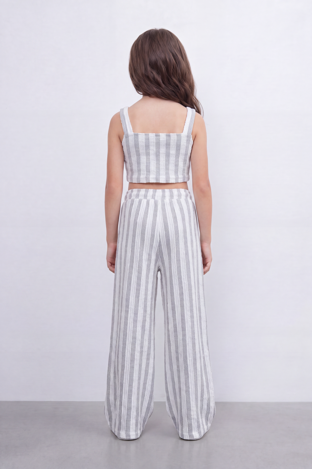 Girl's Tomato Store Linear Drift Reguler Co-Ord Set Vertical Stripe Print Over Raised Slub Texture Cropped Outfit