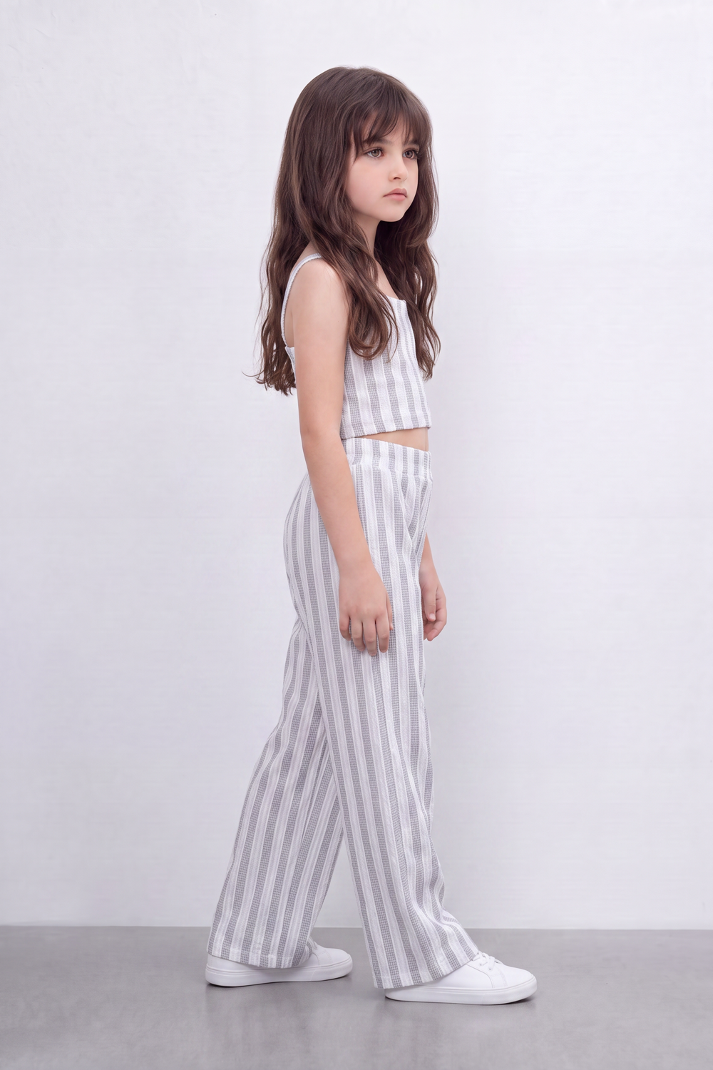 Girl's Tomato Store Linear Drift Reguler Co-Ord Set Vertical Stripe Print Over Raised Slub Texture Cropped Outfit