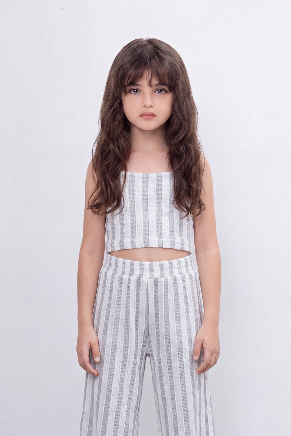 Girl's Tomato Store Linear Drift Reguler Co-Ord Set Vertical Stripe Print Over Raised Slub Texture Cropped Outfit