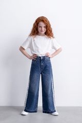 Girl's Tomato Store Light-Wash Pants Side Lace Panel Detail Wide Leg