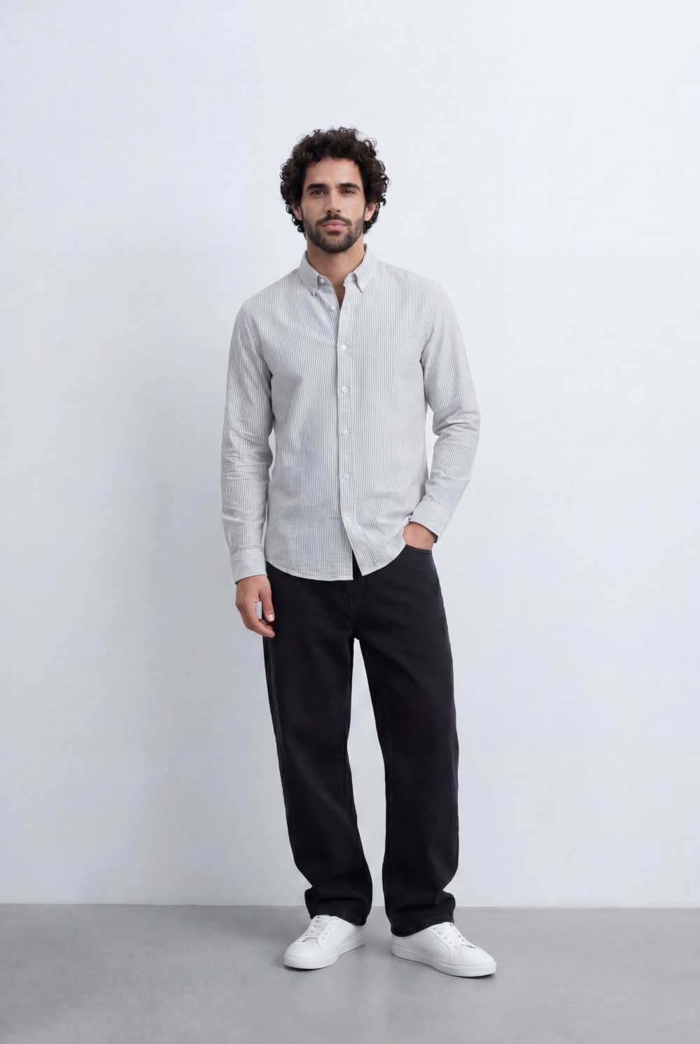 Men’s Tomato Store Pinstripe Button Down Shirt Fine Vertical Stripe Pattern Slim Fit