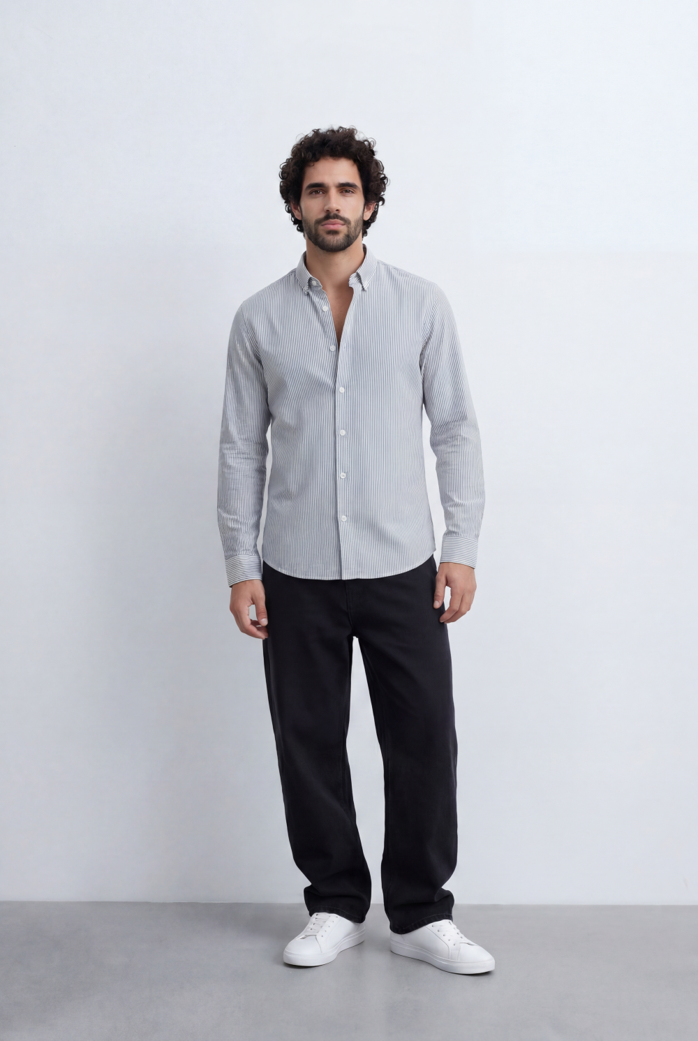Men’s Tomato Store Pinstripe Button Down Shirt Fine Vertical Stripe Pattern Slim Fit