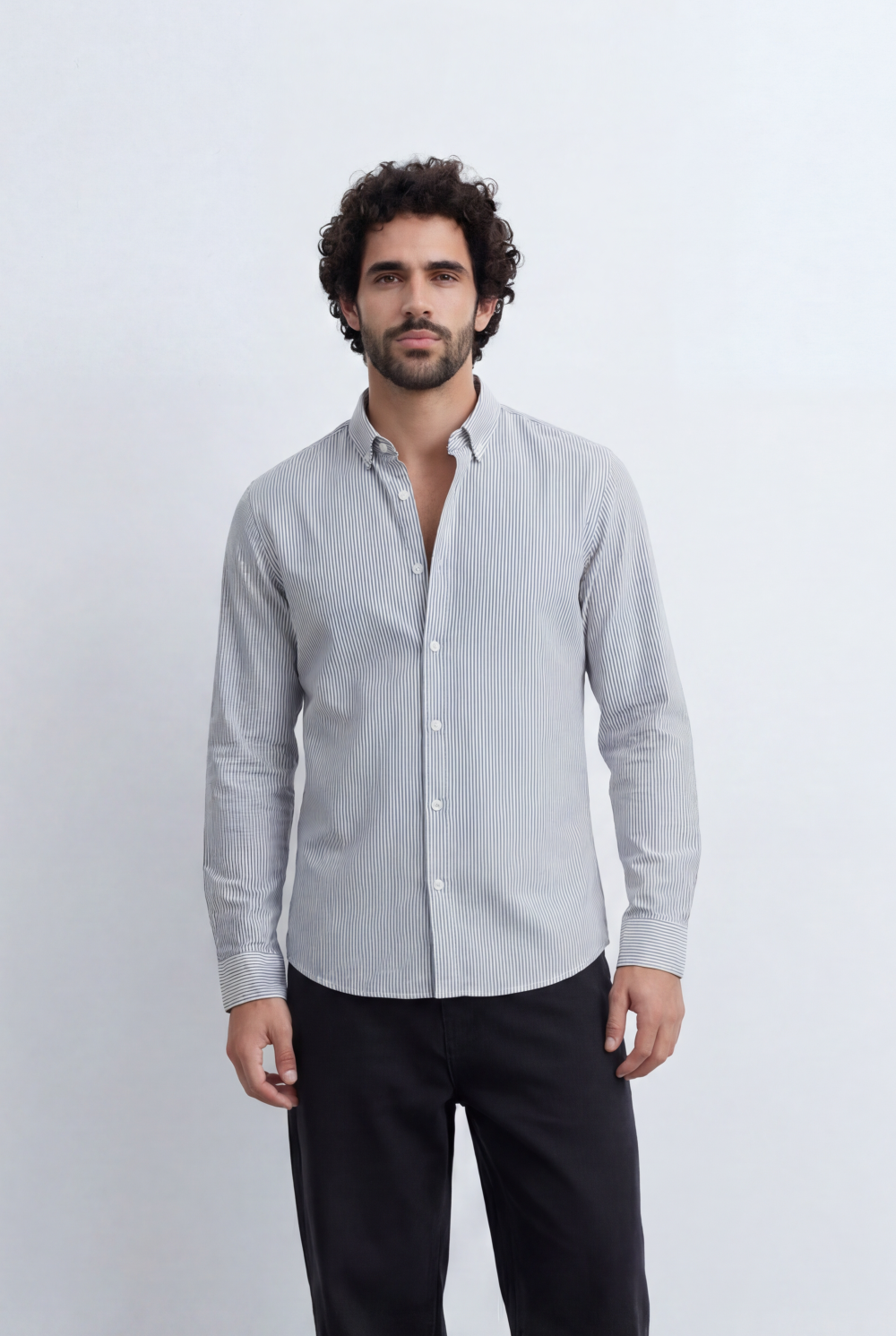 Men’s Tomato Store Pinstripe Button Down Shirt Fine Vertical Stripe Pattern Slim Fit
