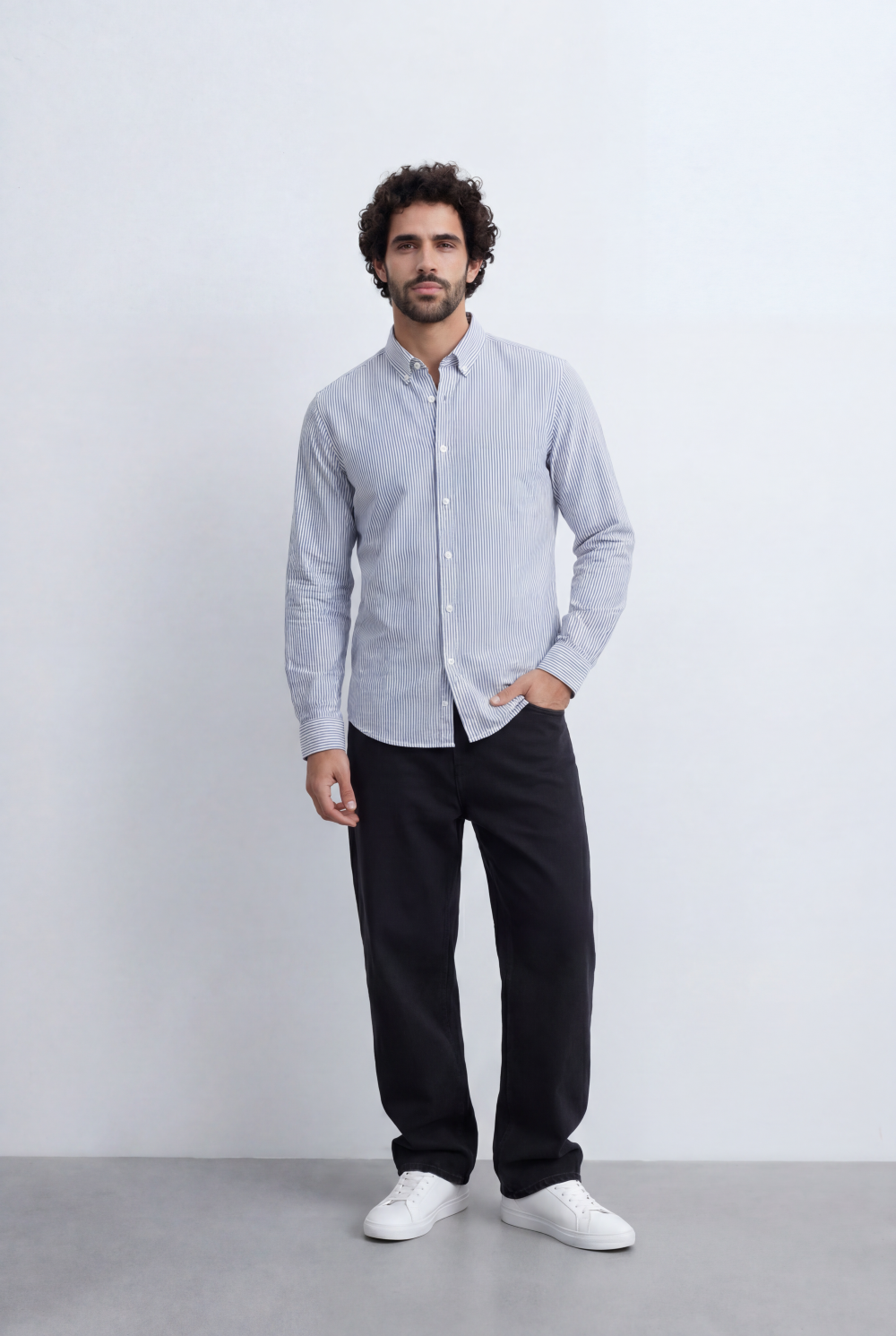 Men’s Tomato Store Pinstripe Button Down Shirt Fine Vertical Stripe Pattern Slim Fit