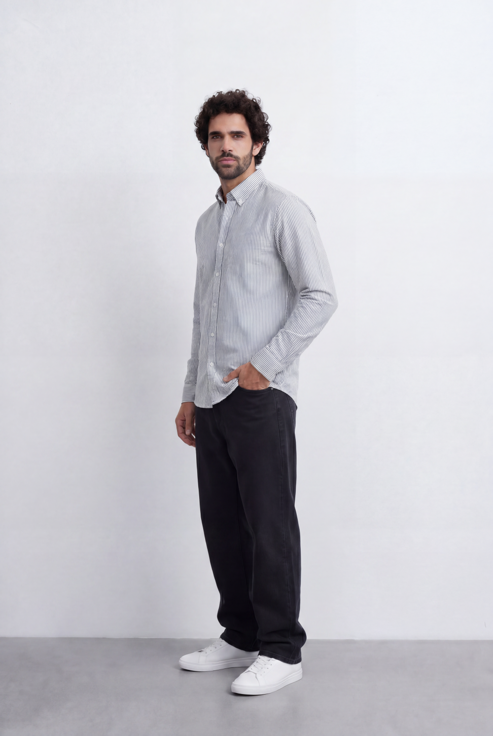 Men’s Tomato Store Pinstripe Button Down Shirt Fine Vertical Stripe Pattern Slim Fit