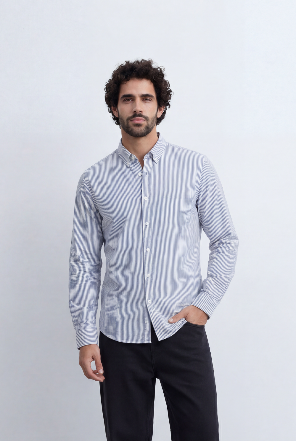 Men’s Tomato Store Pinstripe Button Down Shirt Fine Vertical Stripe Pattern Slim Fit