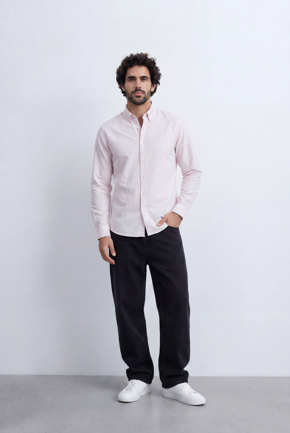 Men’s Tomato Store Pinstripe Button Down Shirt Fine Vertical Stripe Pattern Slim Fit
