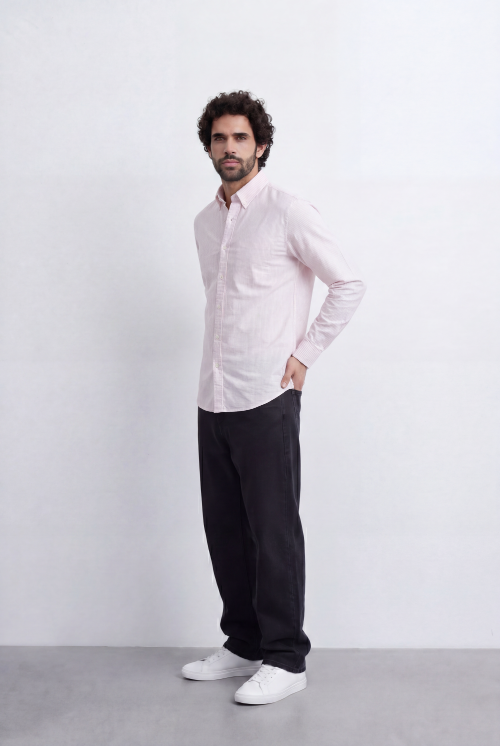 Men’s Tomato Store Pinstripe Button Down Shirt Fine Vertical Stripe Pattern Slim Fit