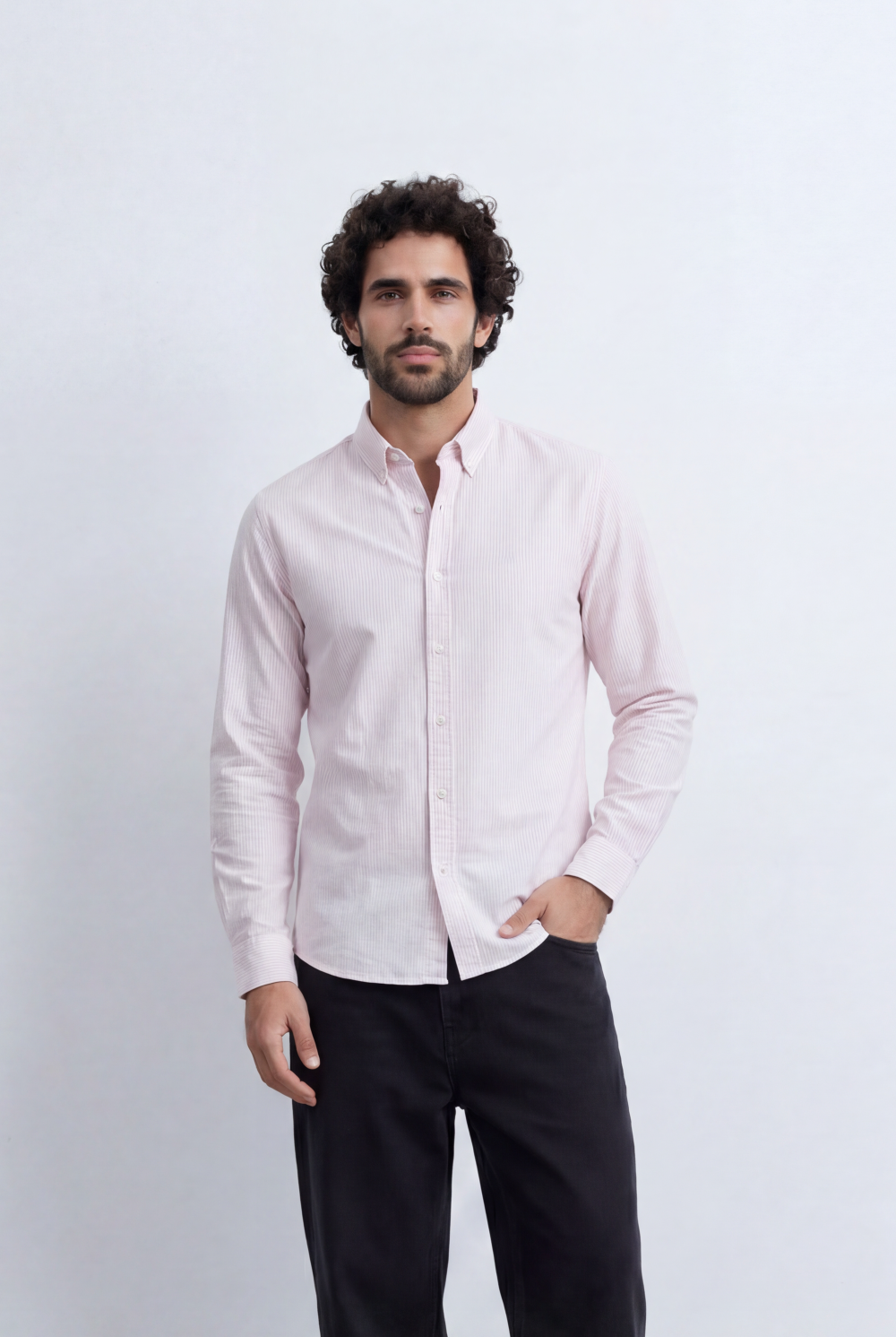 Men’s Tomato Store Pinstripe Button Down Shirt Fine Vertical Stripe Pattern Slim Fit