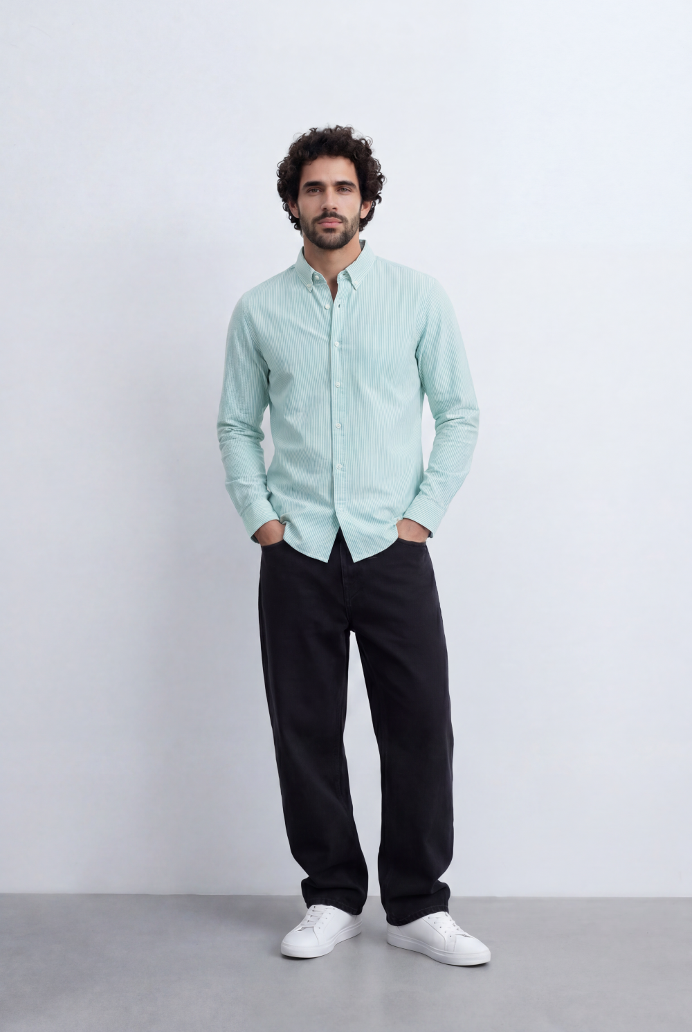 Men’s Tomato Store Pinstripe Button Down Shirt Fine Vertical Stripe Pattern Slim Fit