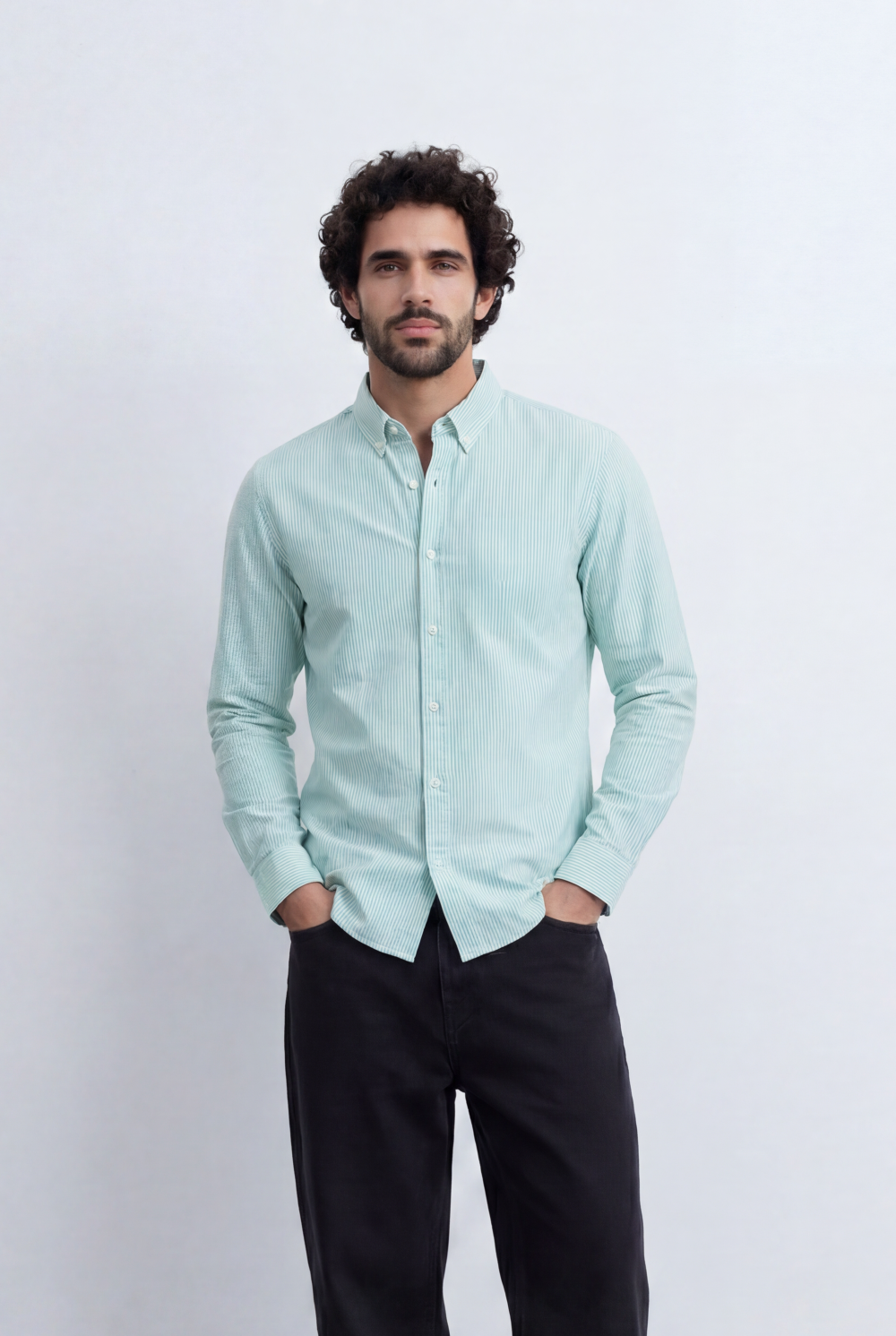 Men’s Tomato Store Pinstripe Button Down Shirt Fine Vertical Stripe Pattern Slim Fit