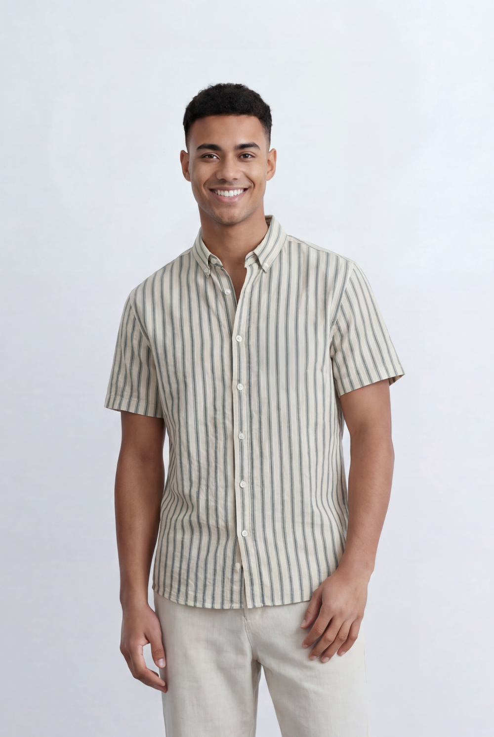 Men’s Tomato Store Striped Shirt Vertical Stripe Pattern Short Sleeve Design Regular Fit