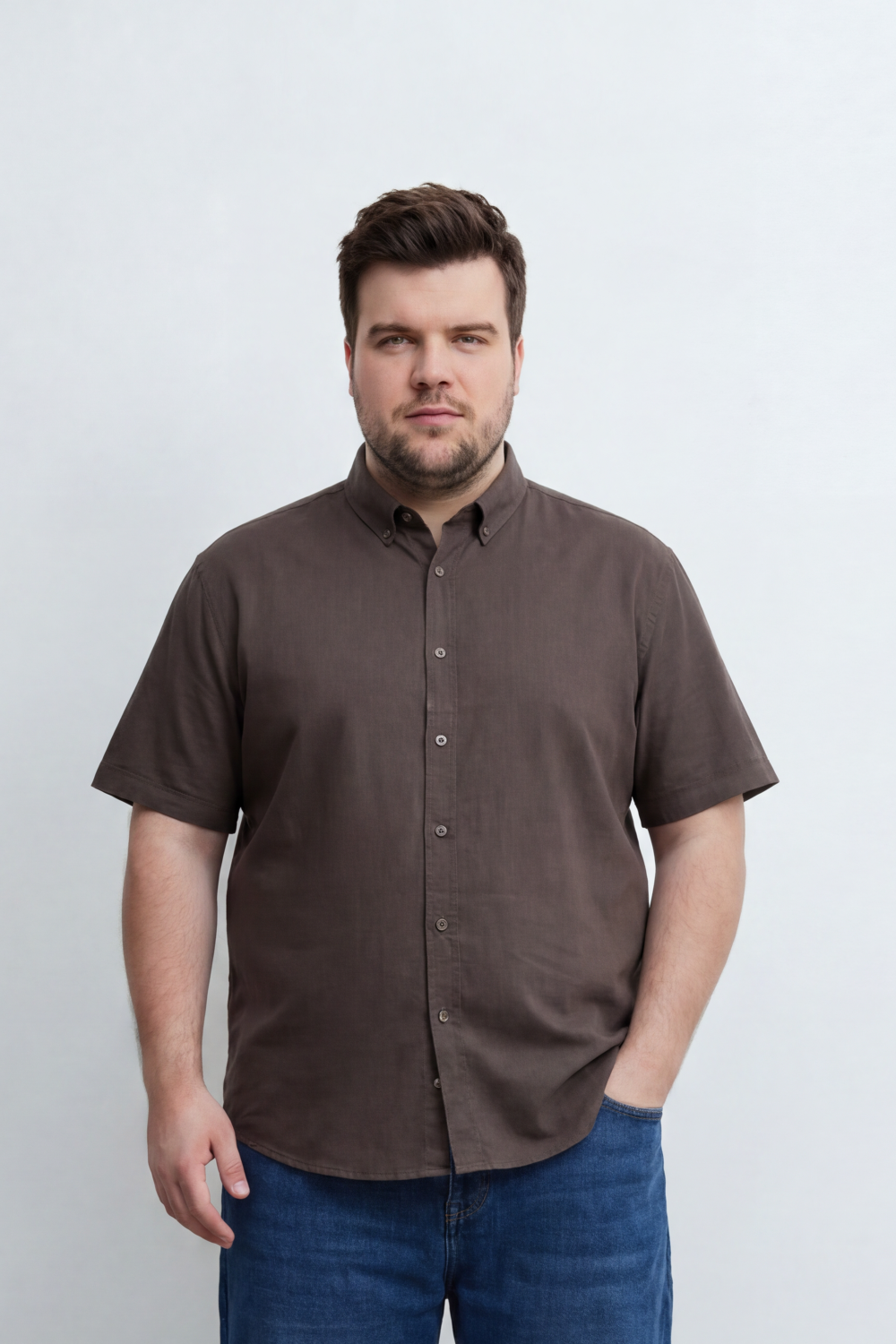 Men’s Tomato Store Big Size Quiet Form Button Shirt Plain Solid Surface With Fine Slub Grain Texture Full Button Front