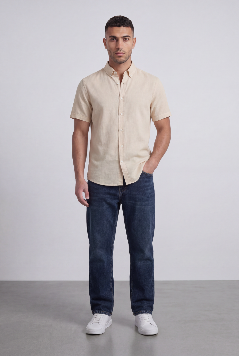 Men’s Tomato Store Shirt With Button Down Collar Short Sleeves Front Placket Texture Curved Hem Regular Fit