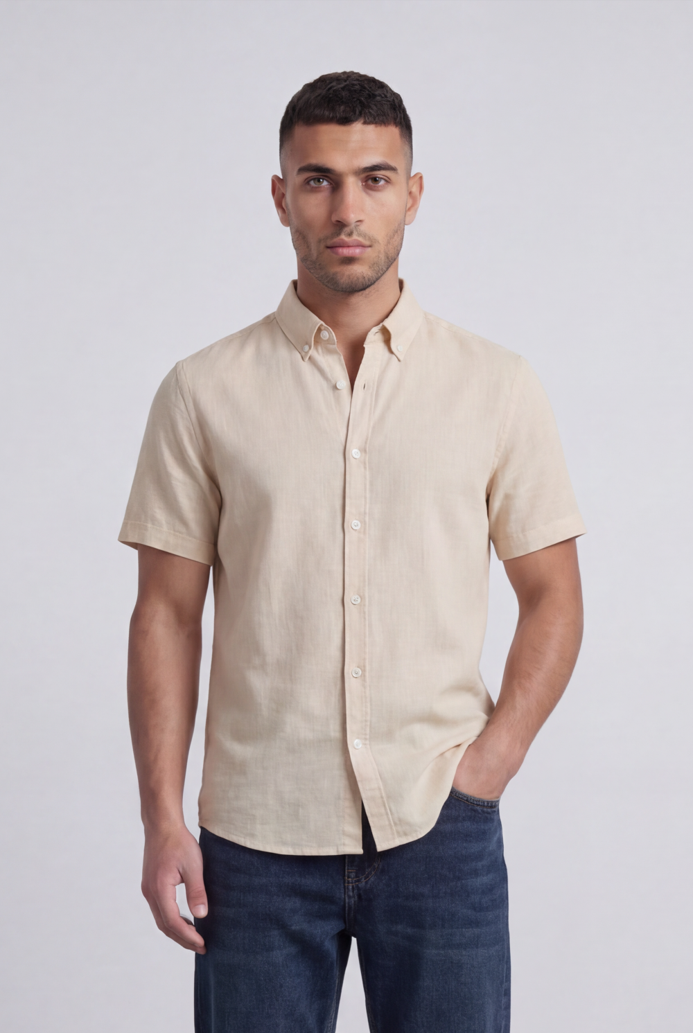 Men’s Tomato Store Shirt With Button Down Collar Short Sleeves Front Placket Texture Curved Hem Regular Fit