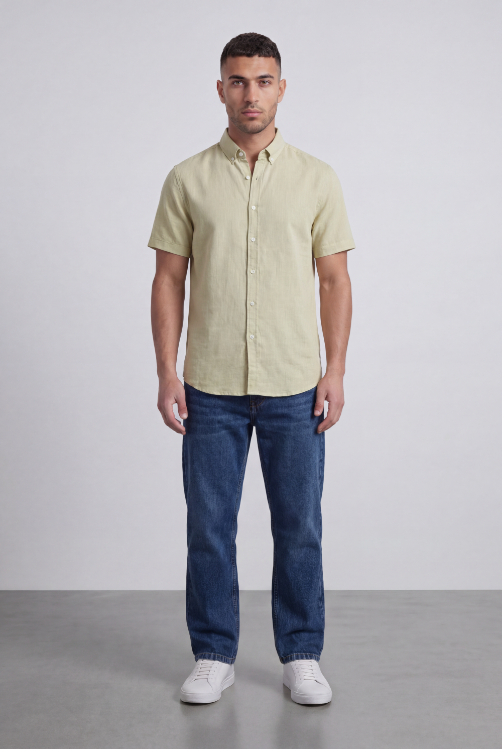 Men’s Tomato Store Shirt With Button Down Collar Short Sleeves Front Placket Texture Curved Hem Regular Fit