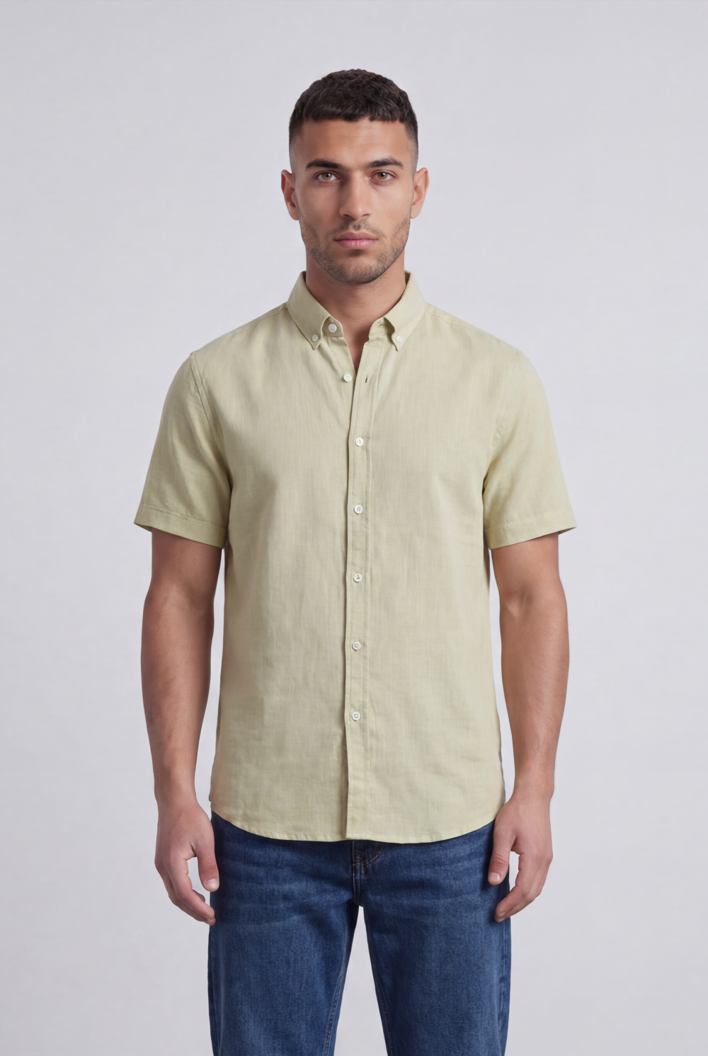 Men’s Tomato Store Shirt With Button Down Collar Short Sleeves Front Placket Texture Curved Hem Regular Fit
