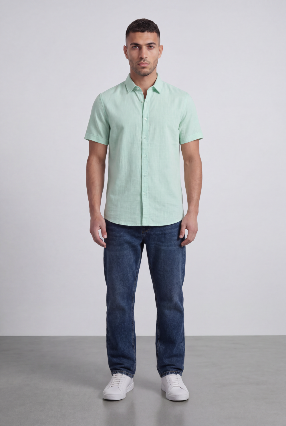 Men’s Tomato Store Shirt With Button Down Collar Short Sleeves Front Placket Texture Curved Hem Regular Fit