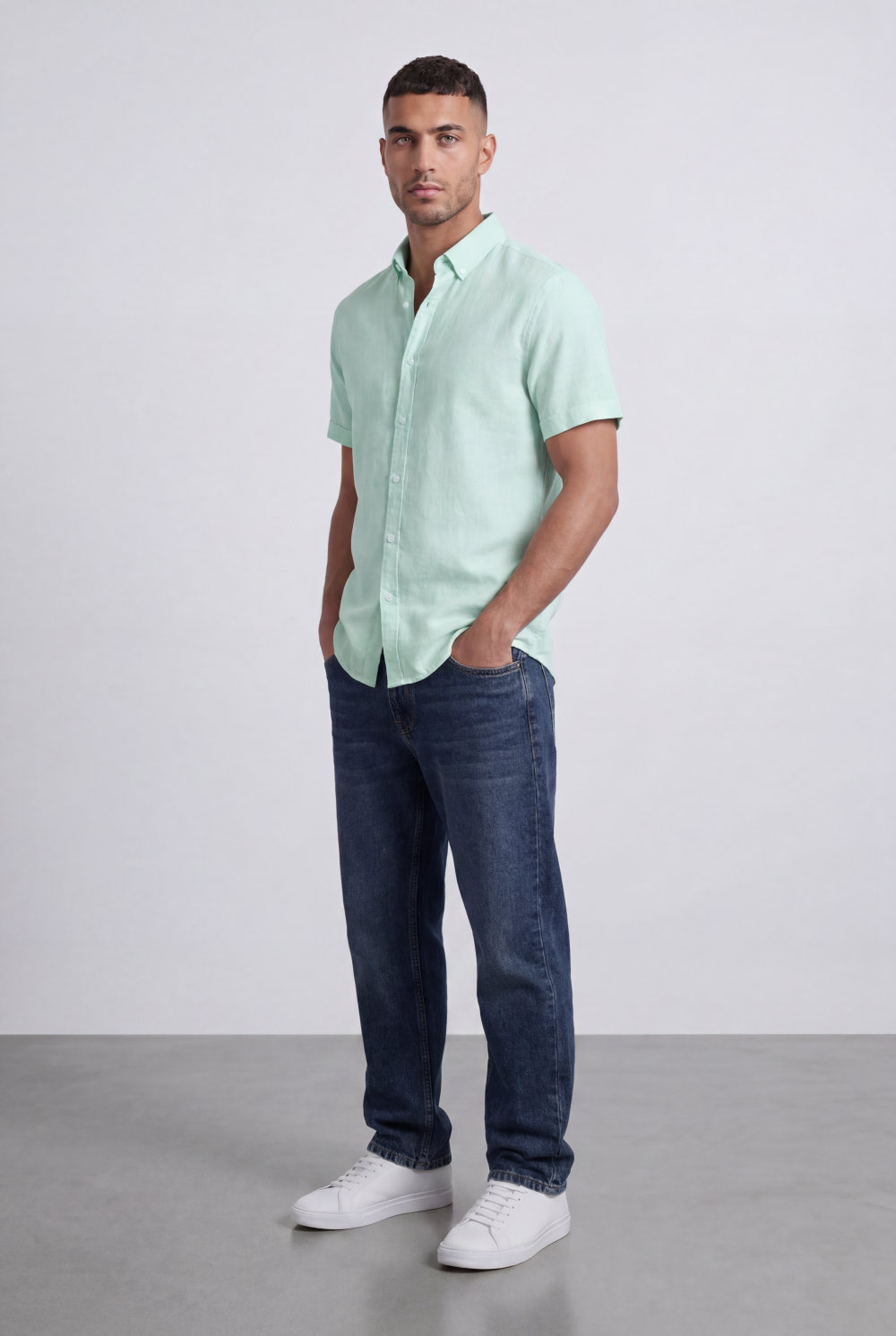 Men’s Tomato Store Shirt With Button Down Collar Short Sleeves Front Placket Texture Curved Hem Regular Fit