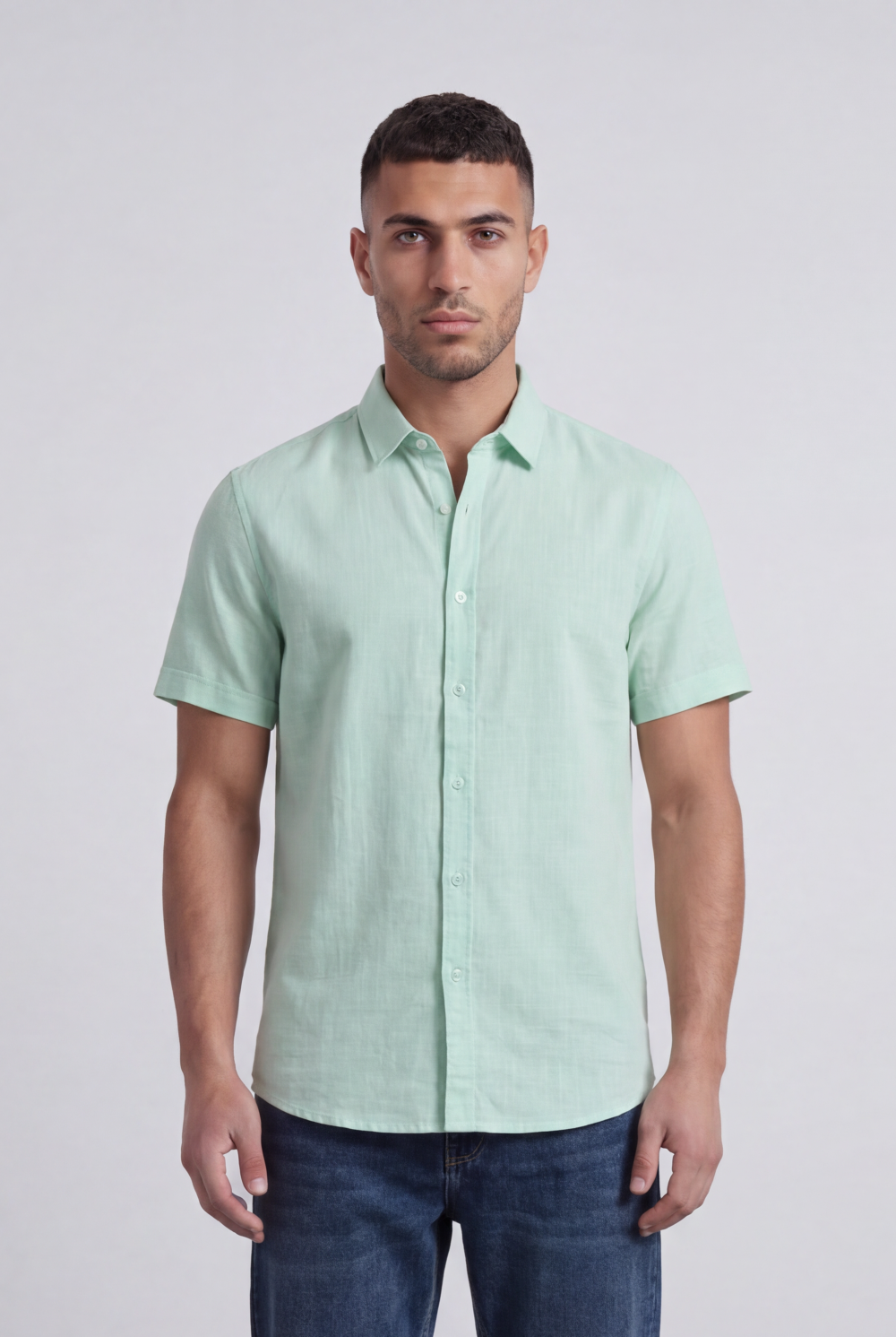 Men’s Tomato Store Shirt With Button Down Collar Short Sleeves Front Placket Texture Curved Hem Regular Fit