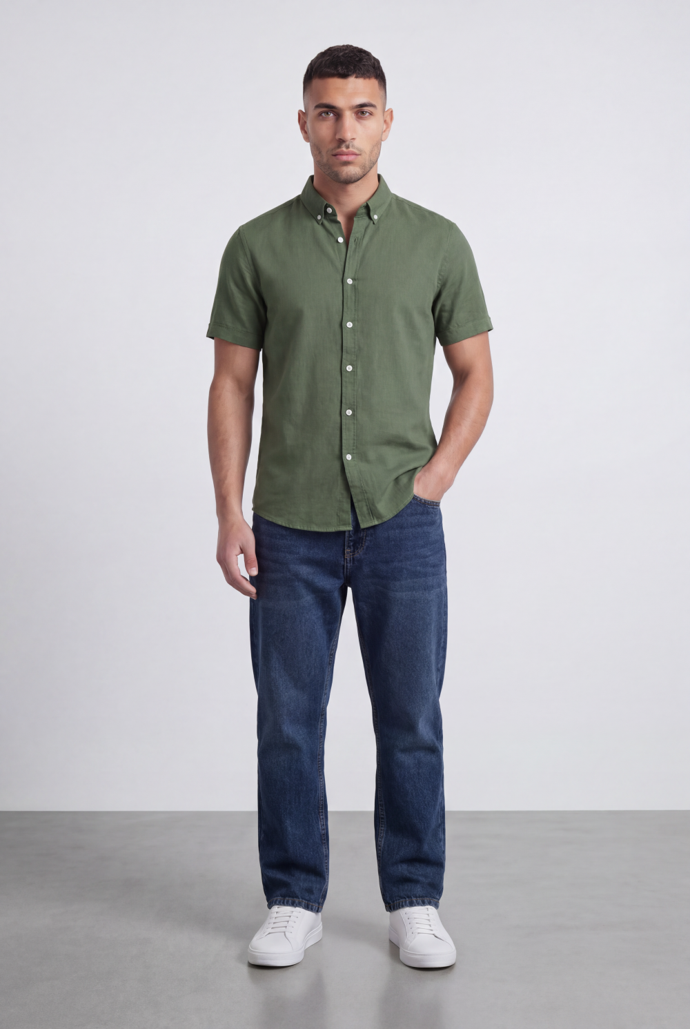 Men’s Tomato Store Shirt With Button Down Collar Short Sleeves Front Placket Texture Curved Hem Regular Fit