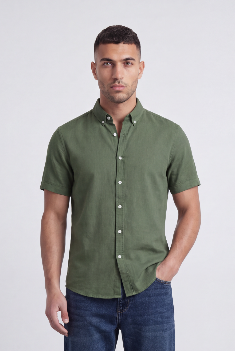 Men’s Tomato Store Shirt With Button Down Collar Short Sleeves Front Placket Texture Curved Hem Regular Fit