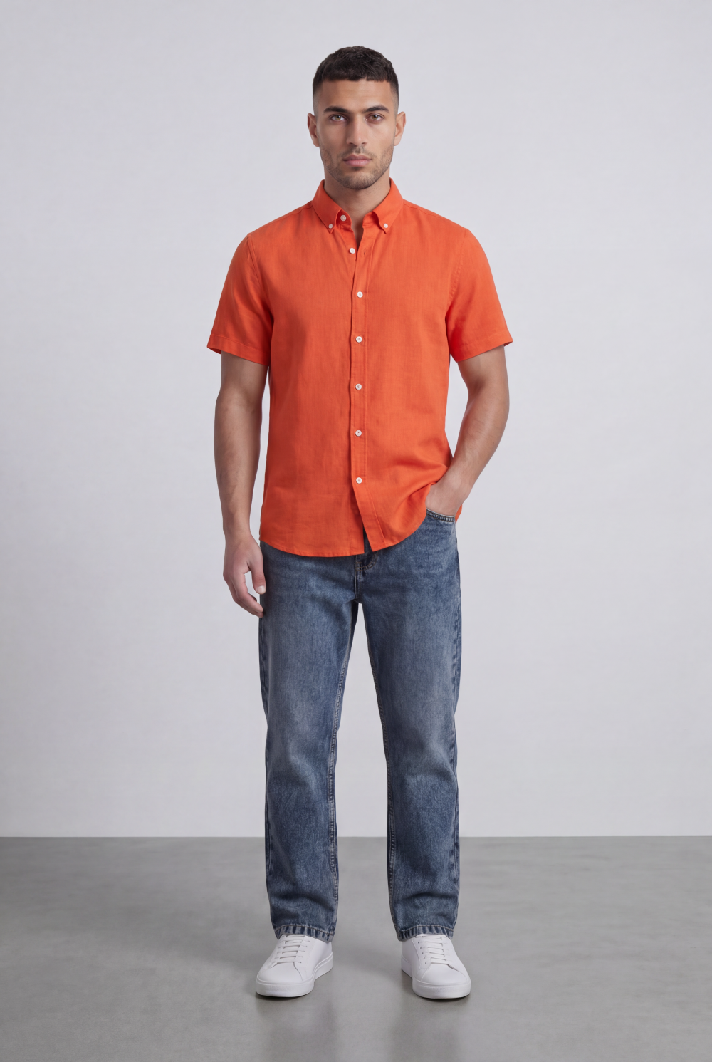 Men’s Tomato Store Shirt With Button Down Collar Short Sleeves Front Placket Texture Curved Hem Regular Fit