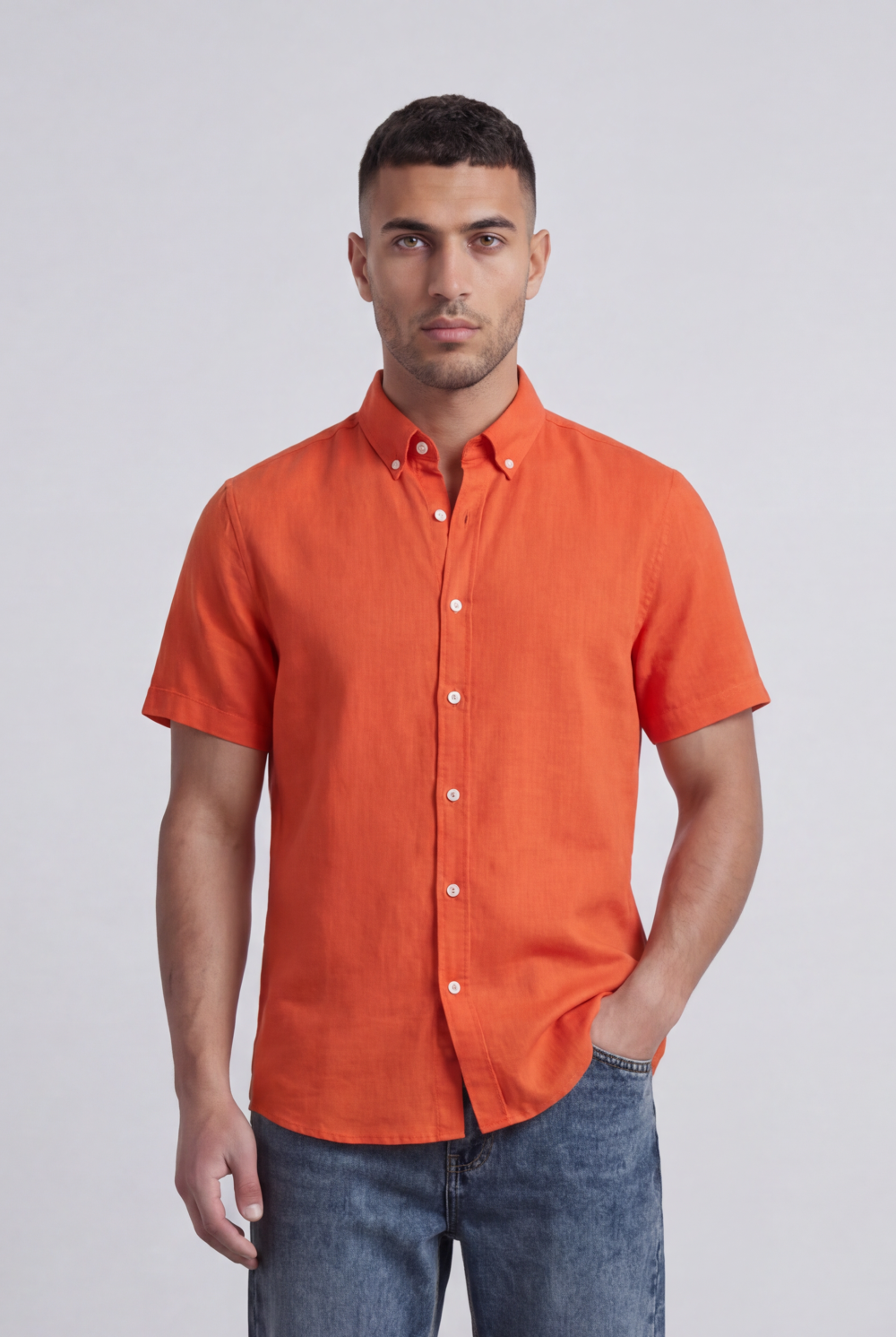 Men’s Tomato Store Shirt With Button Down Collar Short Sleeves Front Placket Texture Curved Hem Regular Fit