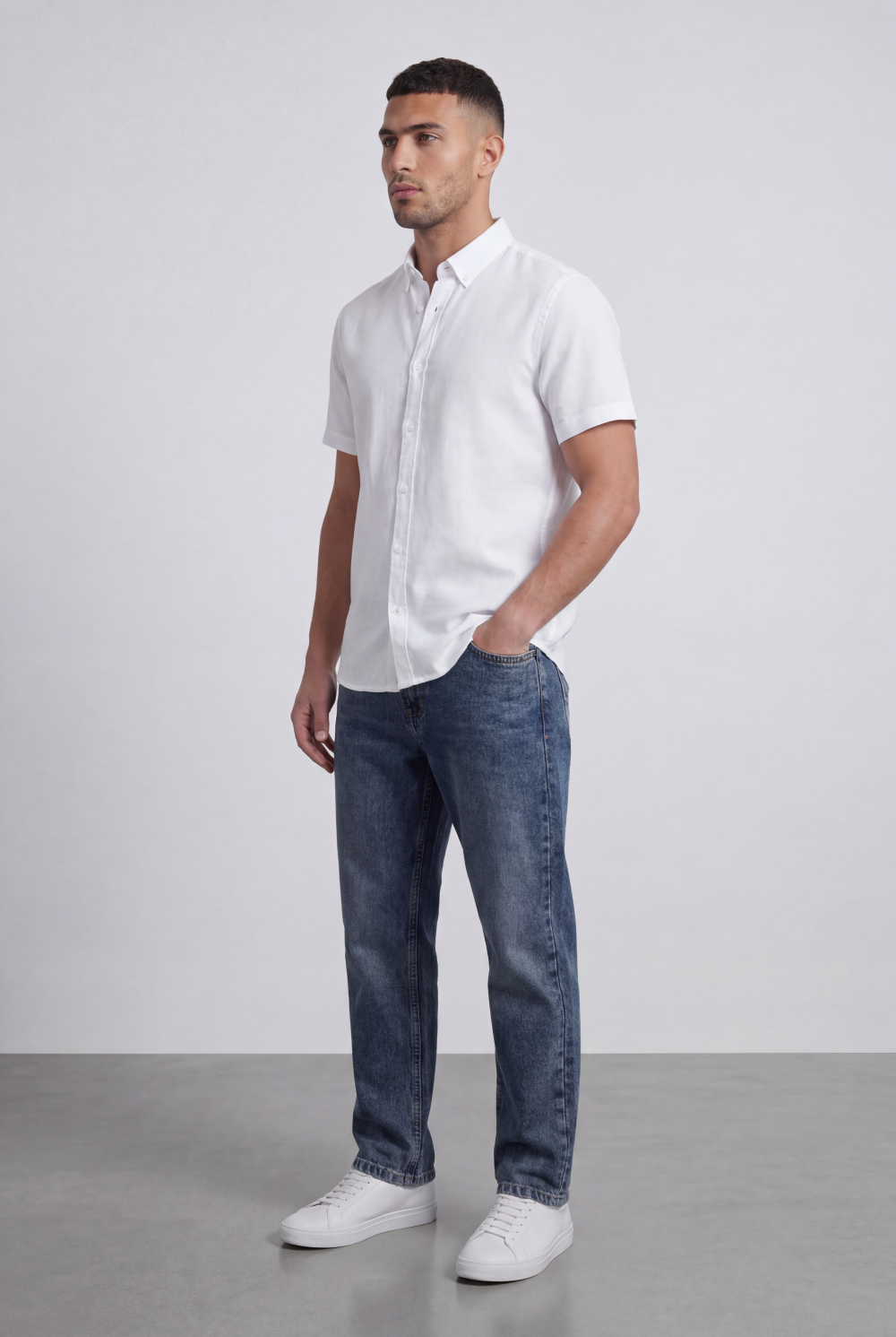 Men’s Tomato Store Shirt With Button Down Collar Short Sleeves Front Placket Texture Curved Hem Regular Fit