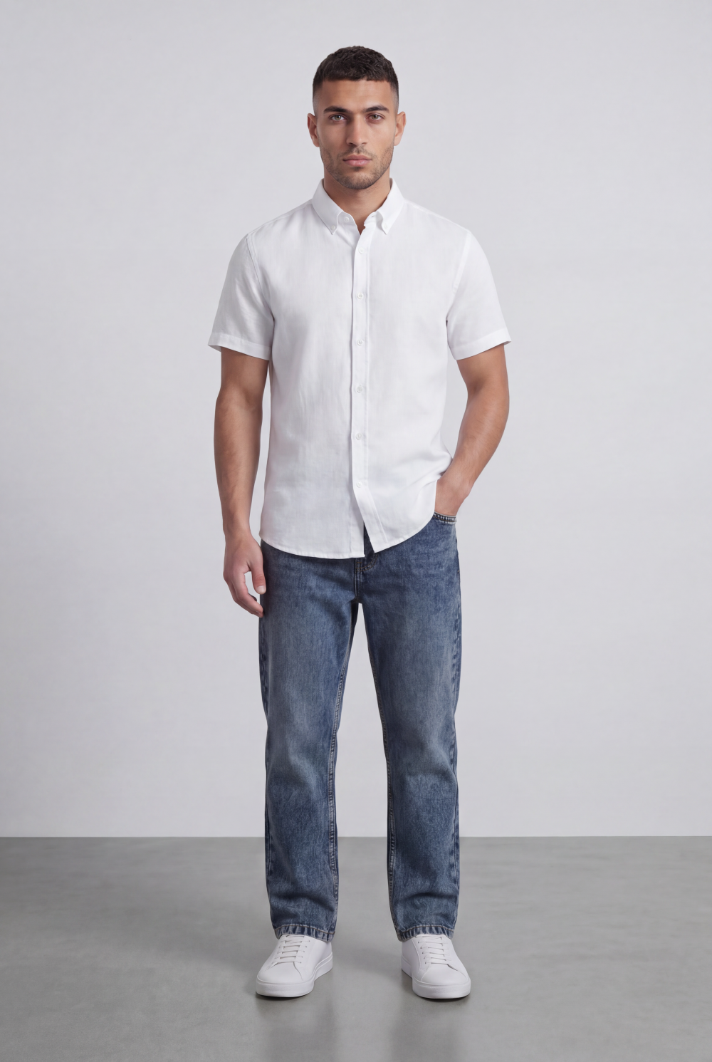 Men’s Tomato Store Shirt With Button Down Collar Short Sleeves Front Placket Texture Curved Hem Regular Fit