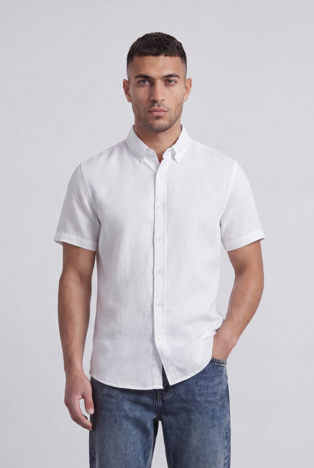 Men’s Tomato Store Shirt With Button Down Collar Short Sleeves Front Placket Texture Curved Hem Regular Fit