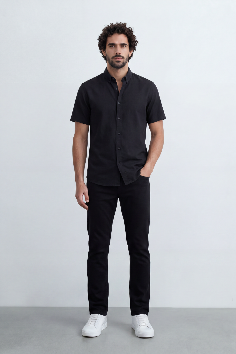Men’s Tomato Store Shirt With Button Down Collar Short Sleeves Front Placket Texture Curved Hem Regular Fit