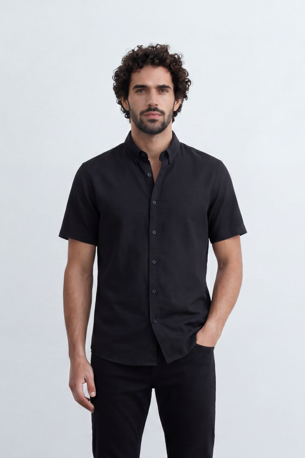 Men’s Tomato Store Shirt With Button Down Collar Short Sleeves Front Placket Texture Curved Hem Regular Fit